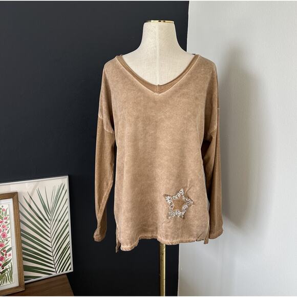Tina Stephens Shirt Women Top Brown Sequin Star - Picture 1 of 7